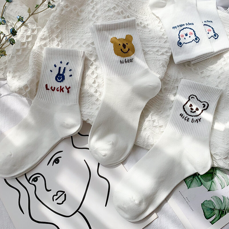 Calcetines de oso con dibujos animados para mujer, medias suaves de Color sólido, a la moda, Kawaii