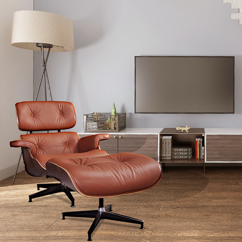 Poltrona per mobili per la casa con pouf marrone Chaise longue classica sedia in pelle con accento mobili per soggiorno