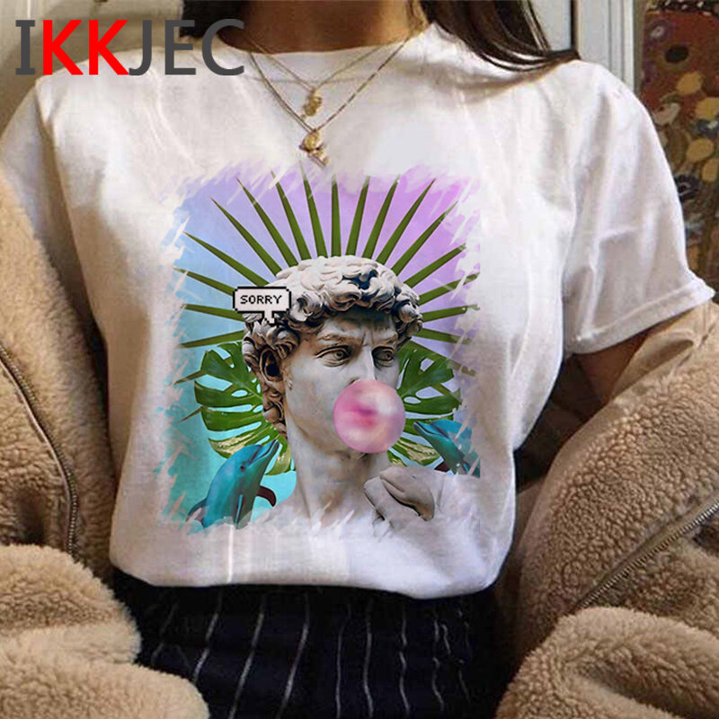 Camiseta de estética de Michelangelo para mujer, camisetas gráficas kawaii para mujer, camiseta blanca para parejas, top tumblr