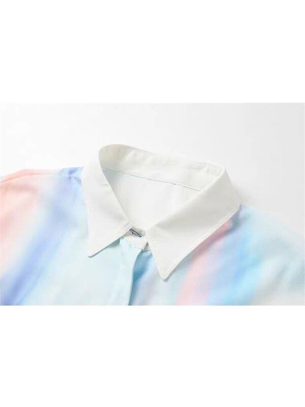 Blusas femininas primavera nova moda gradiente impressão a cores manga longa turn-down colarinho blusa casual tops irregulares camisas casuais