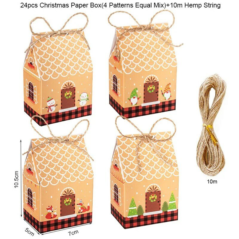 24Pcs คริสต์มาสถุงขนมเค้กกล่องบรรจุภัณฑ์ House คุกกี้คริสต์มาสของขวัญกล่องเครื่องประดับ Navidad ตกแต...
