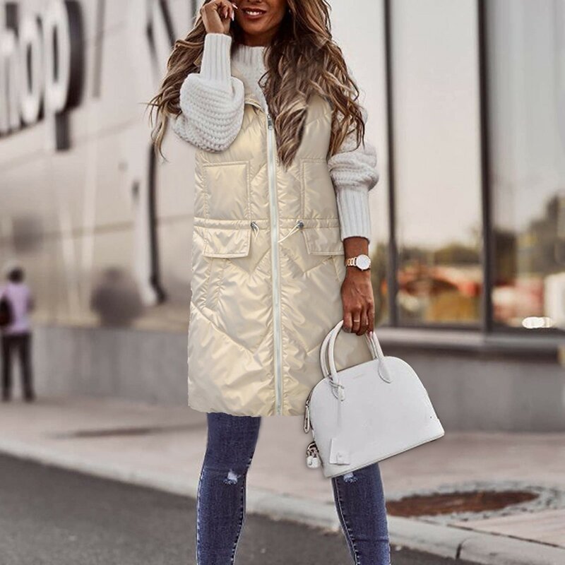 Zíper feminino para baixo parka cor sólida casual com capuz longo casaco jaqueta inverno quente moda ao ar livre colete jaqueta parka feminino