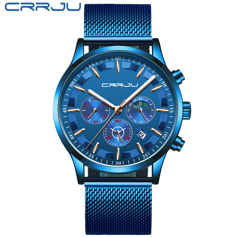 CRRJU-Reloj de pulsera de cuarzo para hombre, cronógrafo multifunción de negocios, de malla, informal, a la moda, con pantalla de 24 horas