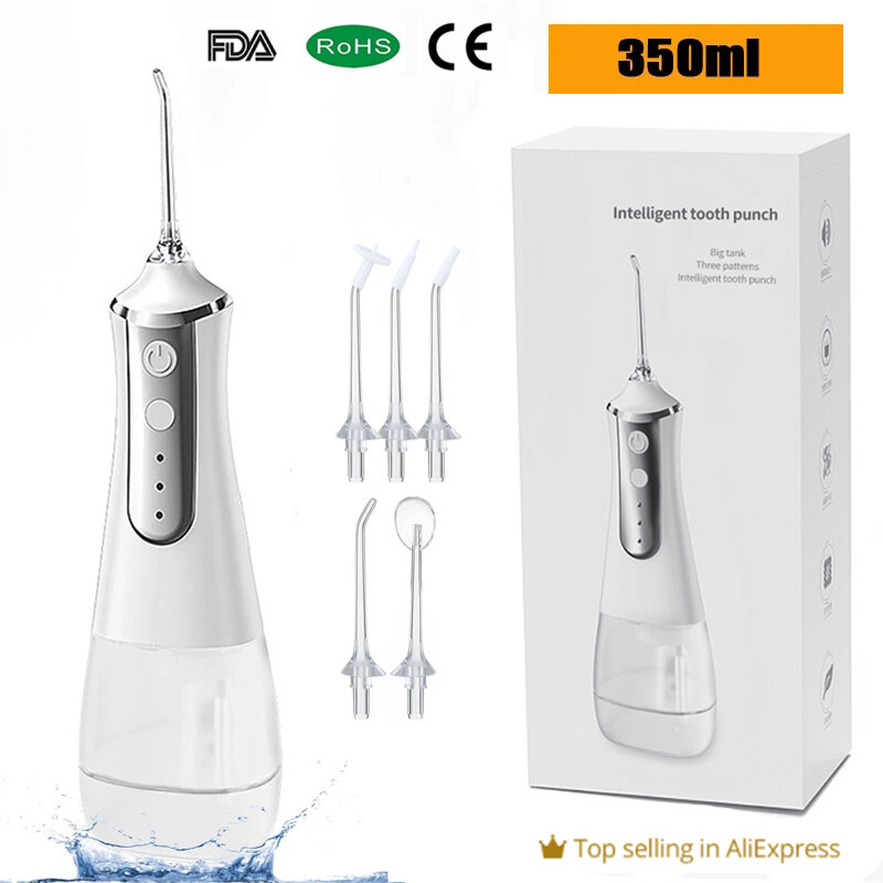 Limpador dental elétrico de 350ml, irrigador oral à prova d'água, fio dental de água, sem fio, recarregável para viagens e uso doméstico