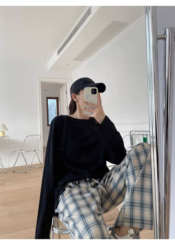 2021 new simple retro checkered casual trousers women's trousers street fashion straight wide-leg pants