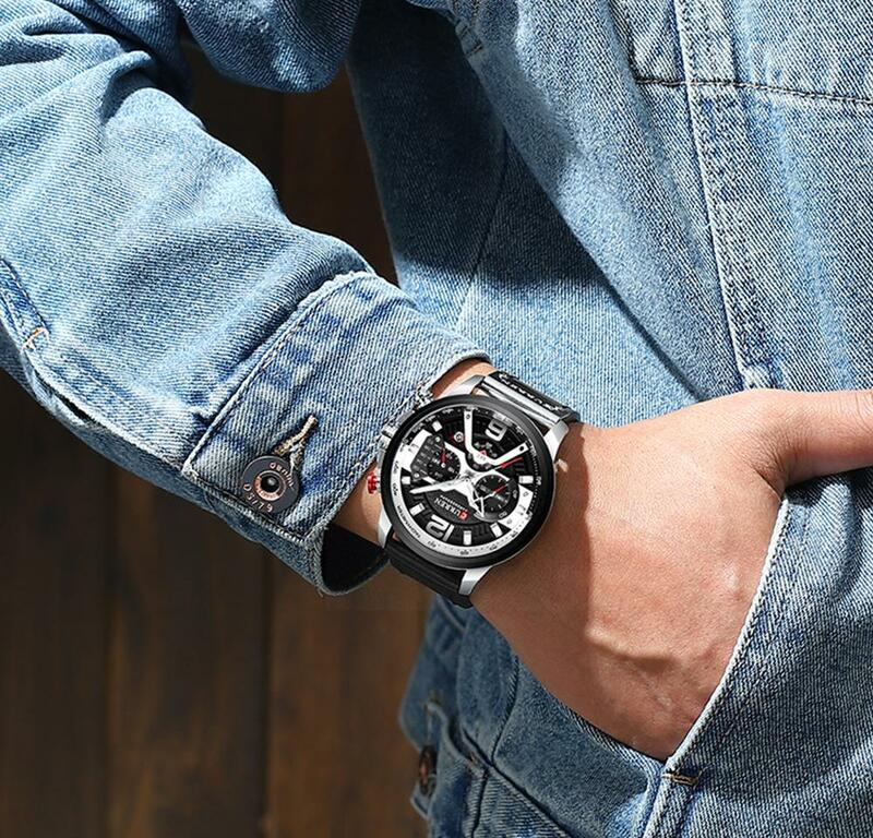 カレン時計の男性トップブランドカジュアル男性のための高級レザー腕時計ファッションクロノグラフ防水腕時計8329
