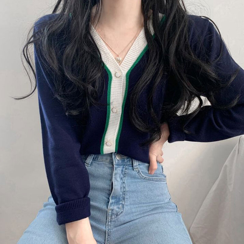 Śliczne miękkie kleisty dziewczęce ~ koreański styl słodki kontrast kolor V-neck z długim rękawem jednorzędowy sweter dziergany płaszcz dla