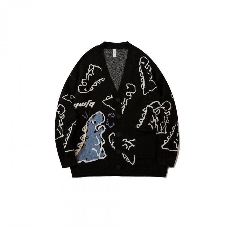 가을과 겨울 남성 일본 거리 낙서 전체 인쇄 공룡 니트 스웨터 남성과 여성 특대 Buttoned 카디건