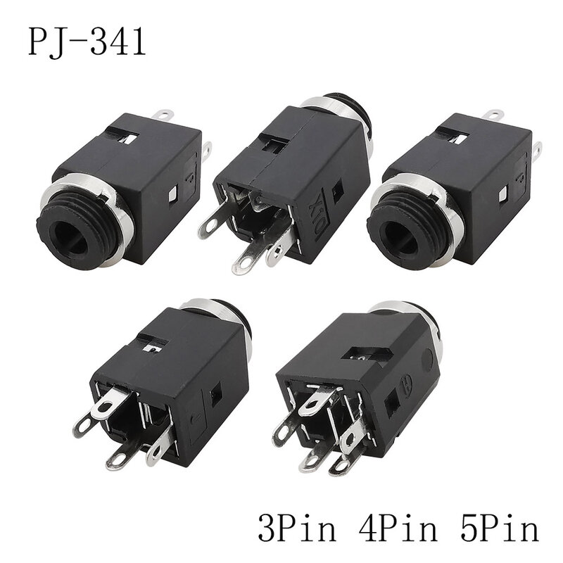 5 pces pj341 3.5mm 3pin 4pin 5pin soquete jack estéreo fêmea 3.5mm áudio fone de ouvido conector com porca pj341