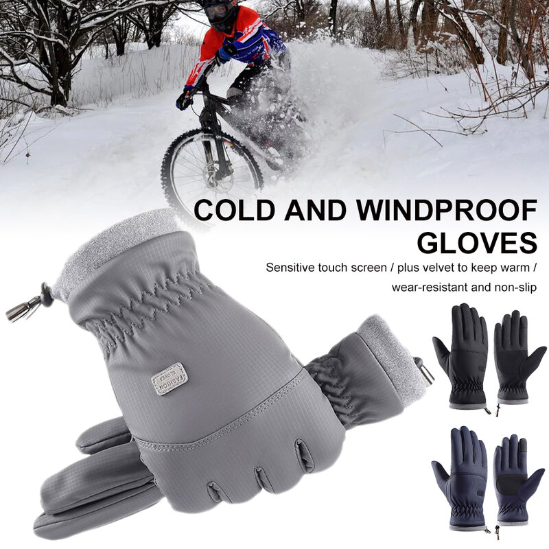 Zimowe rękawiczki ciepłe pełne palce ekran dotykowy wiatroszczelne rękawice z elastycznym sznurkiem na nadgarstek na zajęcia na świeżym powietrzu Camping