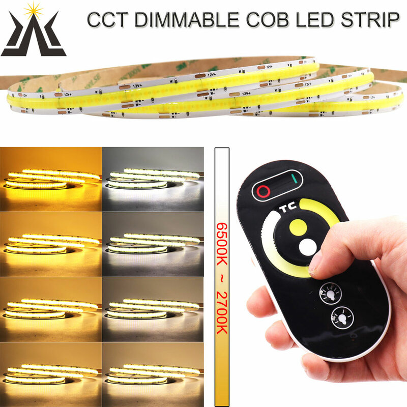 KLA-FCOB CCT COB LED Strip 12V 24V 2700-6500K อุณหภูมิสี Dimmable LED Strip อ่อนบาร์เทปสำหรับตกแต่งบ้าน