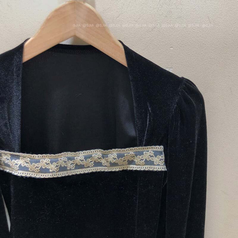 Französisch Spitze Patchwork Frauen Velours Bluse Koreanische Elegante Laterne Hülse Quadrat Kragen Hemd 2020 Herbst Winter Blusa Tops Mujer