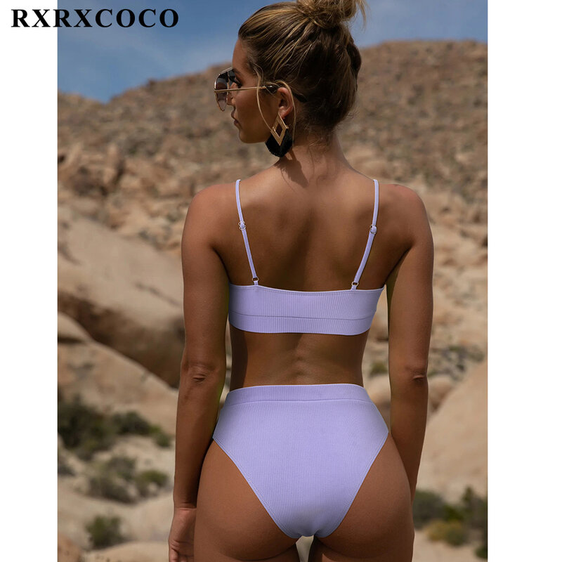 RXRXCOCO-traje de baño acanalado para mujer, conjunto de Bikini con Push-Up, ropa de playa, Bikini de cintura alta, bañador para mujer 2021