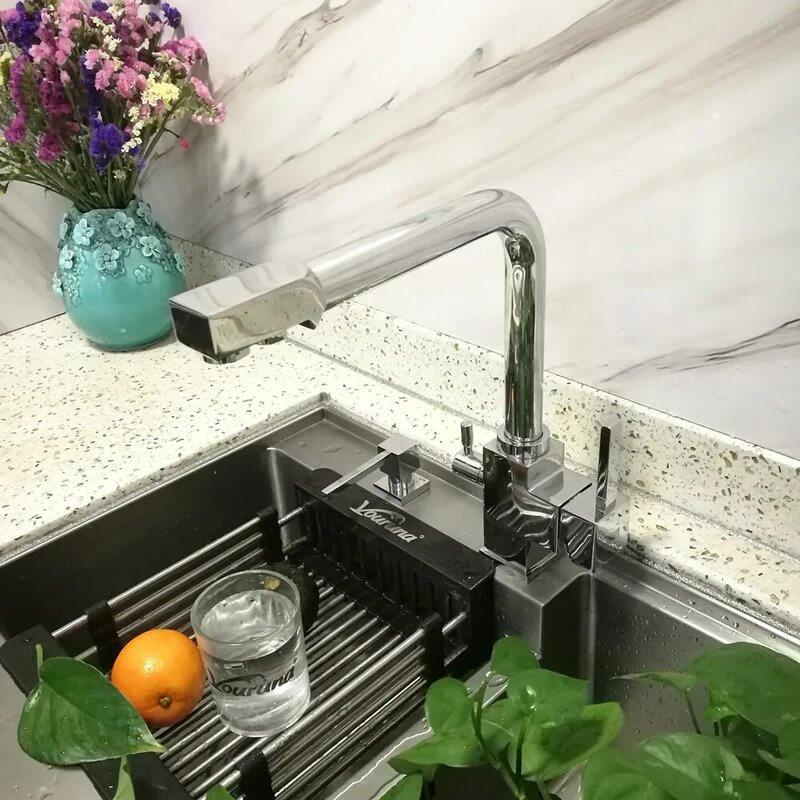 VOURUNA Square Swivel Pure Water Filter Tap Tri Flow Sink Mixer Faucet Kitchen 3-Way Tap Solid Brass Chrome