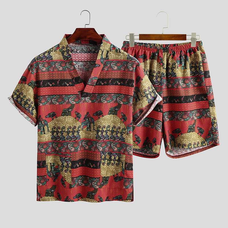 2021 Summer Men Printed Pajamas Sets Loose Short Sleeve V Neck Tops Leisure Shorts Cotton Sleepwear Kimono Unisex Suits S-5XL