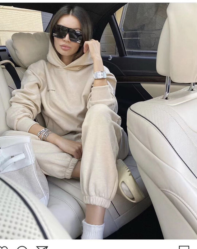 2021 Winter New Women's Clothing Plus Velvet Warm 2 Two-piece Sports Set Hooded Sweater Trousers Suit Casual Pants Set