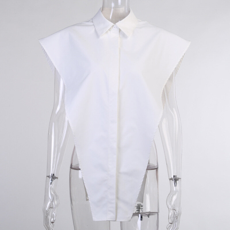Женская рубашка без рукавов, белая блузка оверсайз с разрезом и боковыми пуговицами, лето 2021