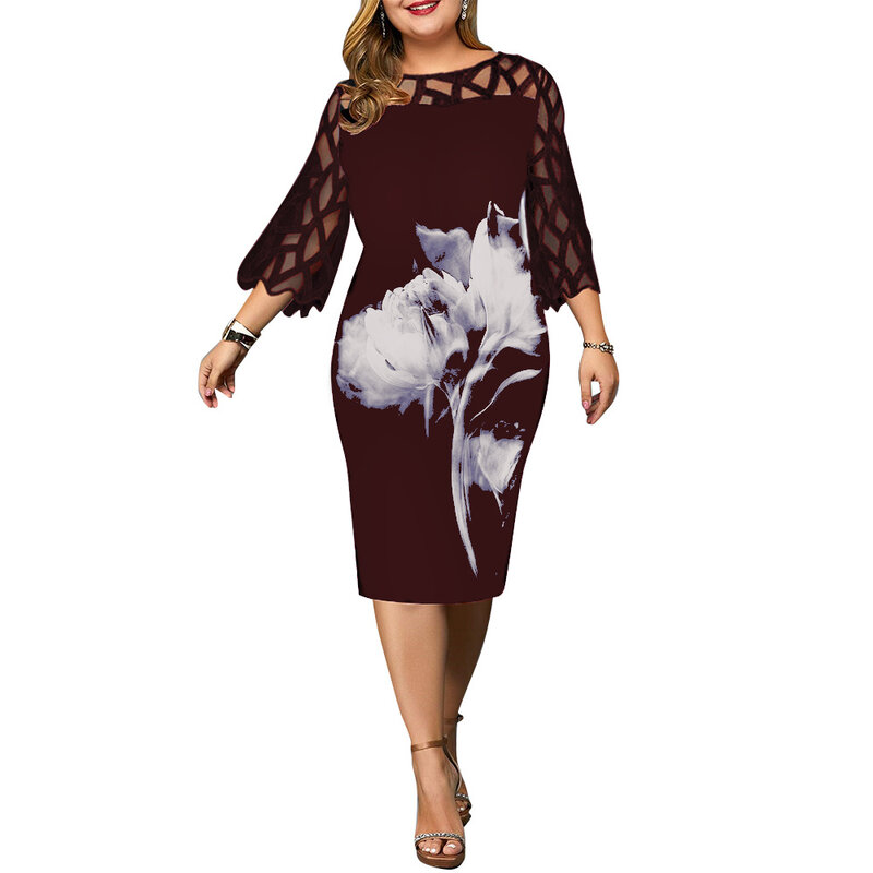 Vestido de talla grande con estampado floral para mujer, ropa de fiesta de cumpleaños, primavera y otoño, elegante, rojo vino, L-6XL, trajes para discoteca, 2021