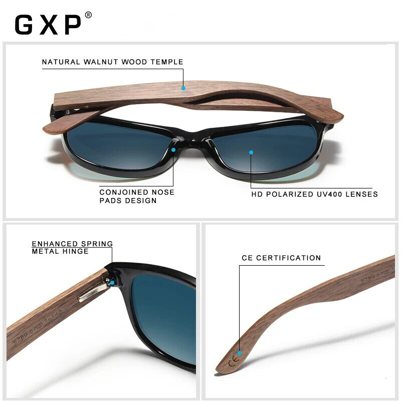 GXP Buatan Tangan Hitam Walnut Kacamata Hitam Pria Kayu Kacamata Wanita Terpolarisasi Cermin Vintage Square Desain Oculos De Sol