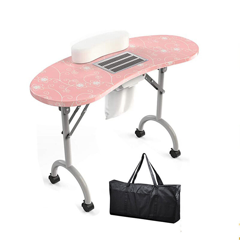 Mesa de manicure rosa com coletor de poeira, saco de mão e ventilador para mão, estação de unhas, salão de beleza, manicure de casa
