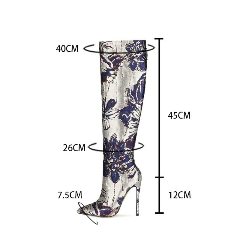 2021 Winter Embroidered Cloth Pointed Toe Ultra-fine High-heeled-knee Women's Boots with Mixed Color Rear Zipper Women's Shoes