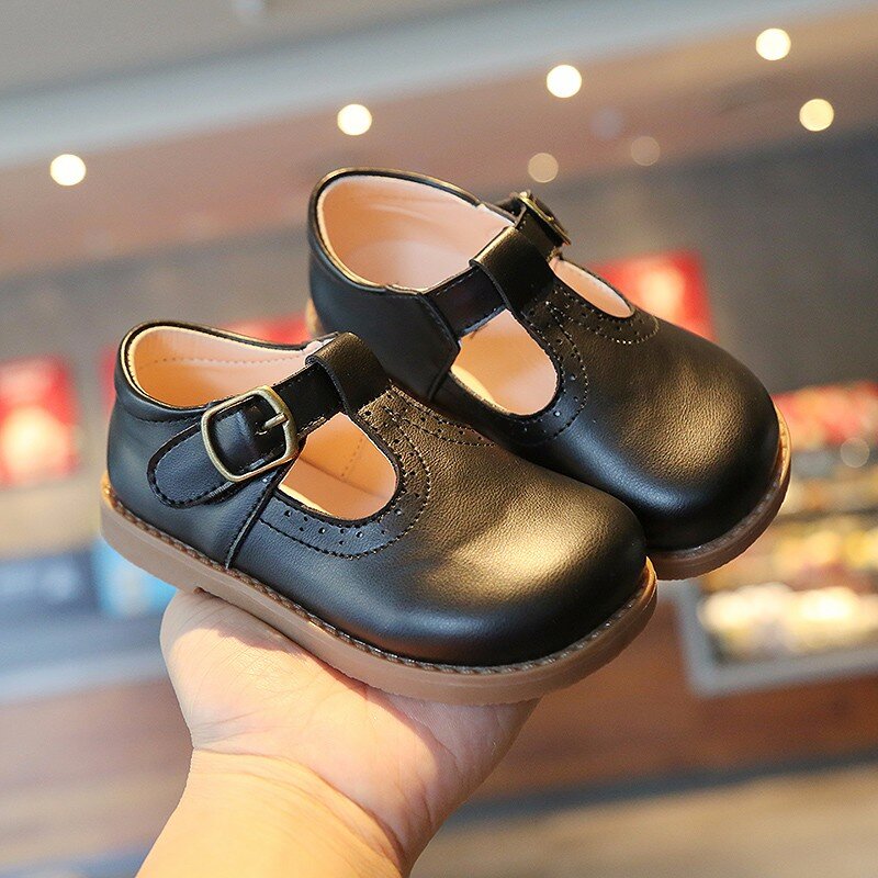 Crianças t cinta sapatos fretwork plataforma meninas princesa sapatos fivela mary janes meninos sapatos do bebê sapatos de couro preto marrom um