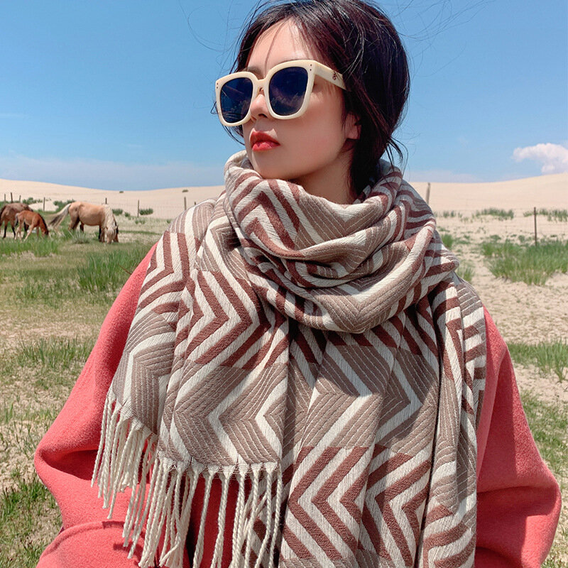 Winter Warm Cashmere Scarf Shawl For Women Japan Korean Sweet Fashion Striped Plaid Tassel Thick Wraps Pashmina Scarves Blanket