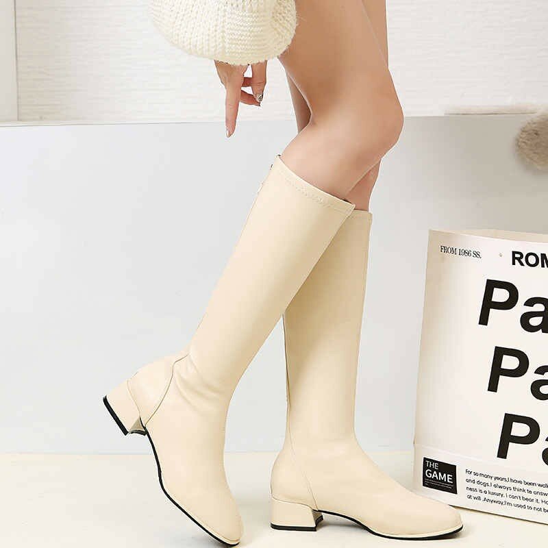 2021 Mới Ins Nữ Màu Be Giày Cao Gót Đế Xuồng Gót Giày Nữ Mùa Thu Nhà Thiết Kế Mũi Nhọn Đầu Gối-Chiều Dài Giày Zapatos de Mujer