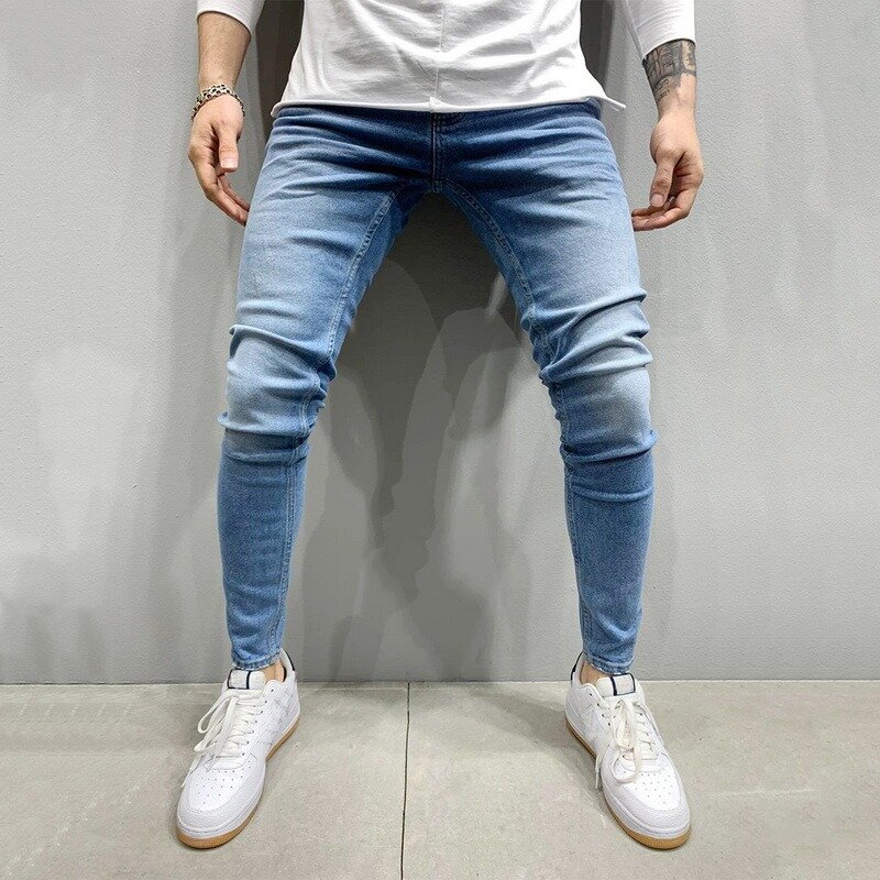 2021 Streetwear jeansy męskie w pasie obcisłe dżinsy rurki męskie Stretch poszarpane spodnie Streetwear męskie dżinsy niebieskie