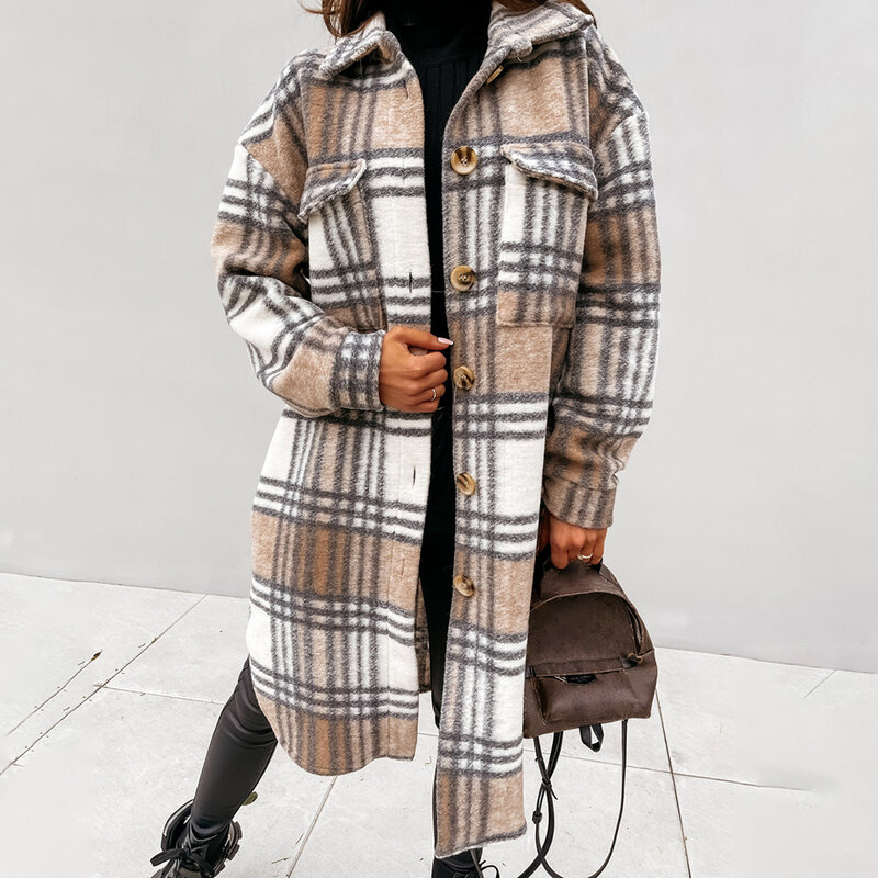 2021 nowa, jesienna zima kobiety szeroki płaszcz długi sprawdzone Casual Fashion Chic kobiety kurtki długa wiatrówka stroje