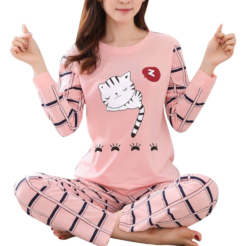 Winter Leuke Cartoon Kat Print Pajama Set Vrouwen Twee Stukken Lange Mouw Nachtkleding