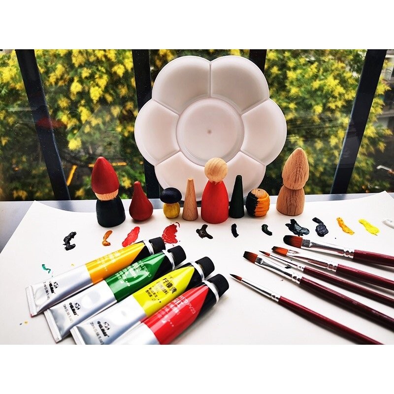Children Handmade Painting Tools for Wooden Toys Stones Include Non-toxic Acrylic Paint Brush Trays DIY Painting Stuff 4 years