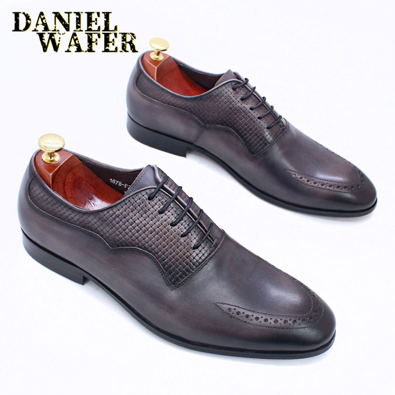LUXURY BRAND MEN OXFORD SHOES ITALIAN HANDMADE GENUINE LEATHER FORMAL SHOES LACE UP GRAY OFFICE BUSINESS WEDDING DRESS SHOES MEN