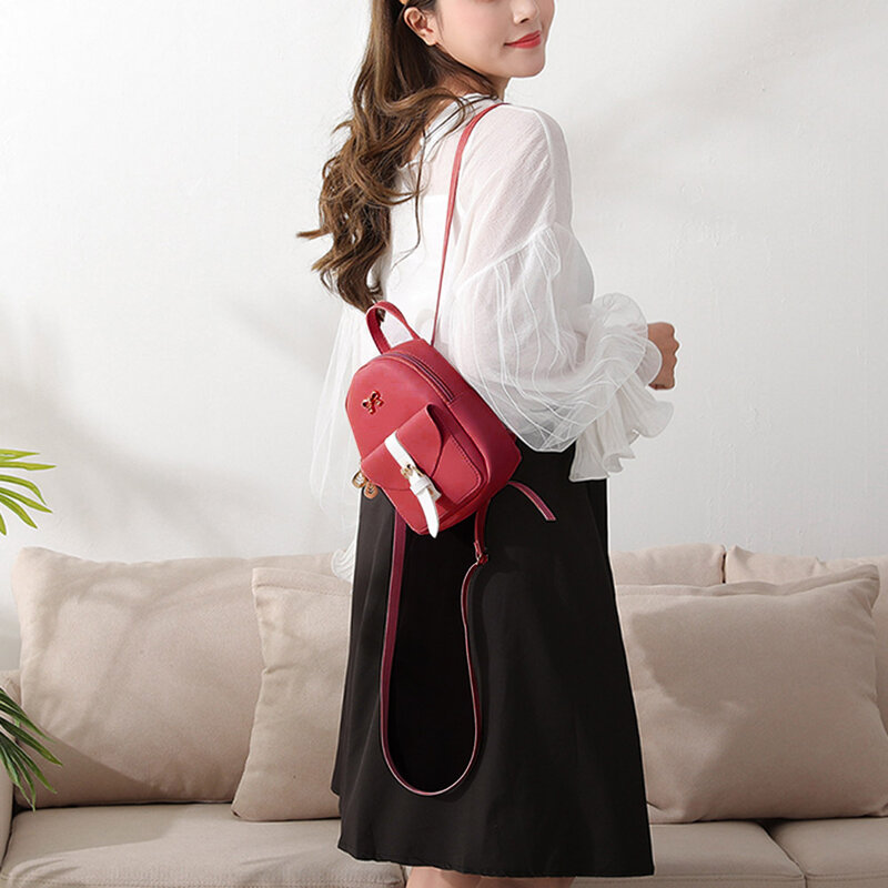 Women Preppy Style Hit Color Bow Leaf Backpack Cute Leather Shoulder Bag Crossbody Messenger Bag Handbag