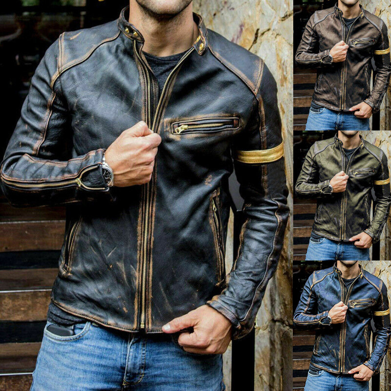 Men's Bomber Jacket Stand Collar Punk Retro Leather Jackets Mens 2021 Spring Autumn New Street Classic Motorcycle Coat Men