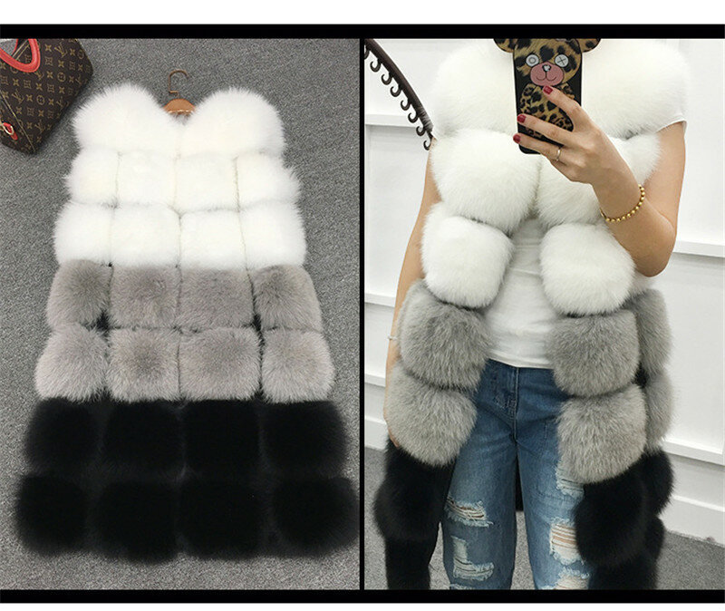 Faux Fox Fur Vest Ladies Long Elegant Patchwork Fur Coat Jacket Slim Fur Vest Warm Women Plus Size Sleeveless Fake Fox Fur Coat