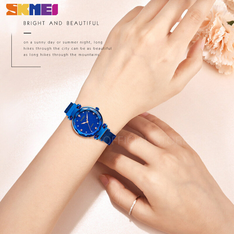 Skmei relógio feminino estrelado de aço inoxidável, relógio de pulso de quartzo para mulheres, pulseira magnética fina elegante q022