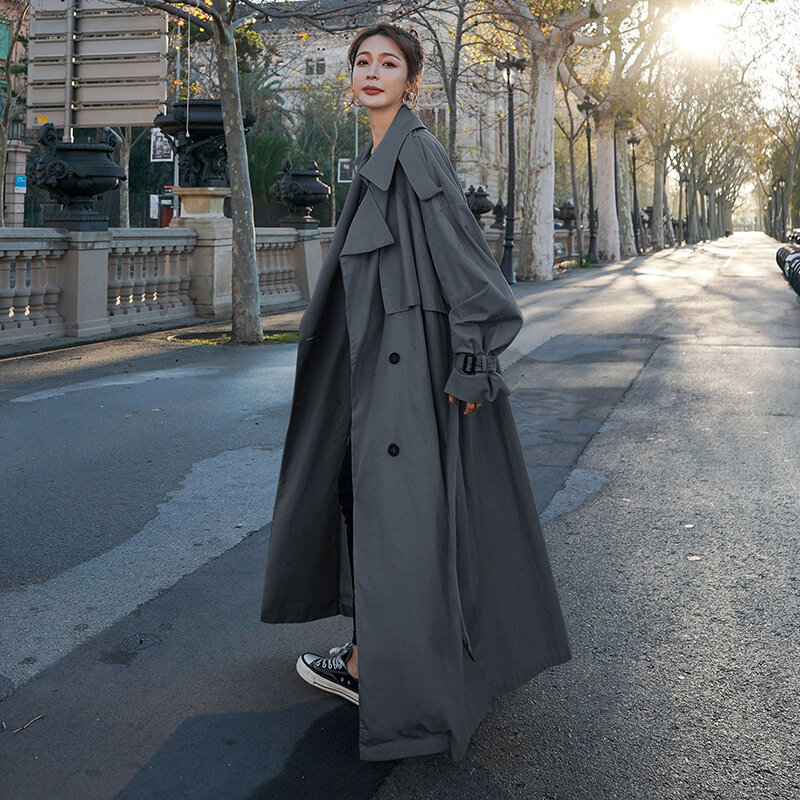 สไตล์เกาหลีหลวมขนาดใหญ่ X-Long Trench Coat Double-Breasted Belted Lady เสื้อคลุม Windbreaker ฤดูใบไม้ผลิฤดูใบไม้ร่วง outerwear สีเทา