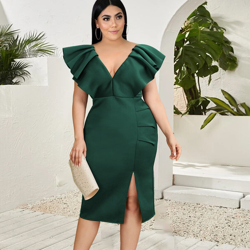 Plus Size Dresses for Women 4XL Dark Green V Neck Midi Length Side Slit Bodycon Office Lady Birthday Evening Party Robes 2021