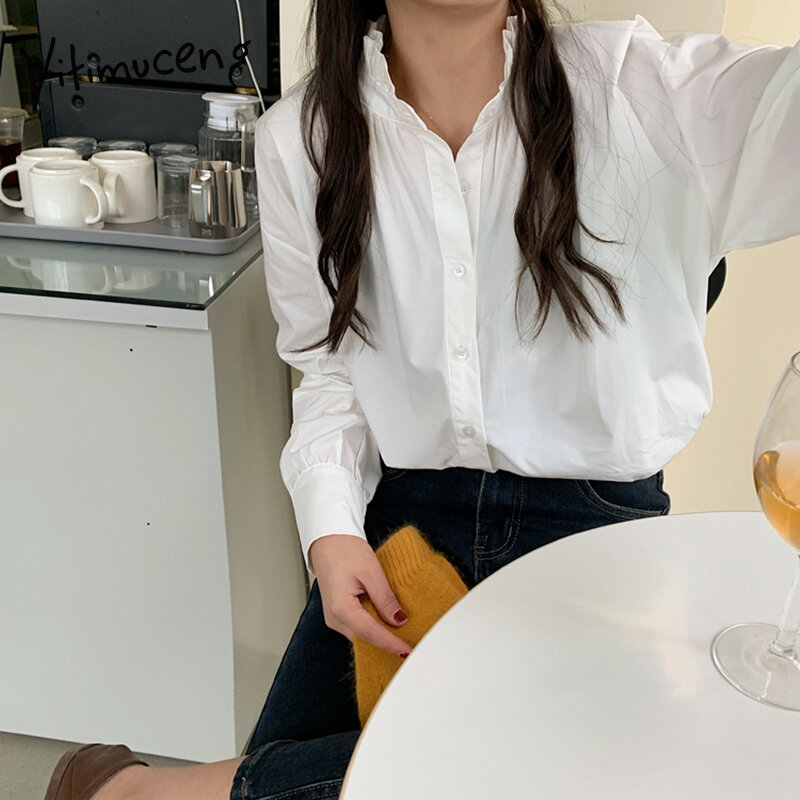 Yitimuceng camisas mulher oversize botão up tops coreano moda blusa manga longa unicolor branco verde 2021 primavera verão novo
