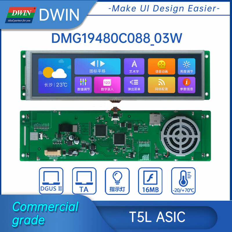 Dwin t5l 8.88 Polegada tft lcd módulo do painel de toque 1920x480 resolução 16.7m cores ips tela alto padrão hmi display wifi/alto-falante
