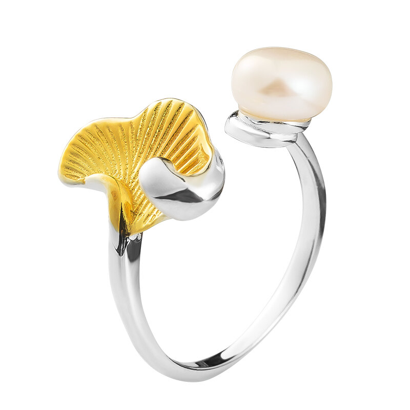 VLA 925 Sterling Silver Personality National Style Pearl Gingko Leaf Ring For Women Fashion Temperament Jewelry