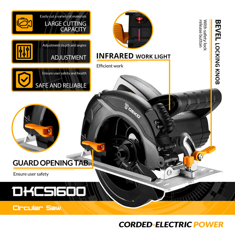 DEKO-Scie circulaire portable DKCS1600, angle de coupe réglable de 5000 tr/min, avec lame de calcul, scies électriques de travail, sortie d'usine