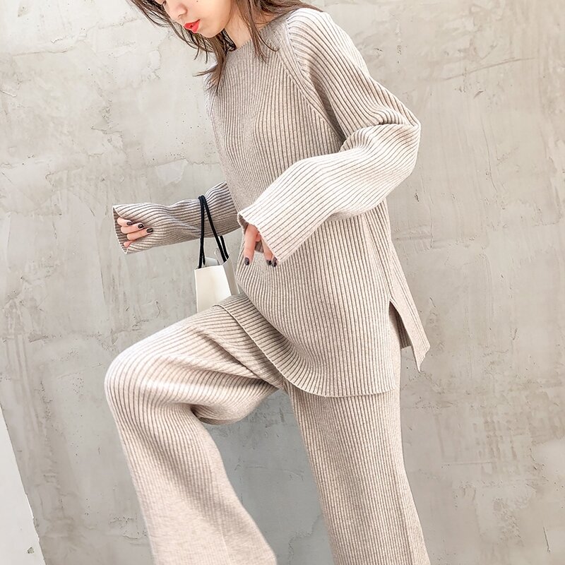 Высококачественный вязаный женский комплект из 2 предметов, Осень-зима 2020, повседневный однотонный теплый пуловер, свитер и широкие брюки, к...