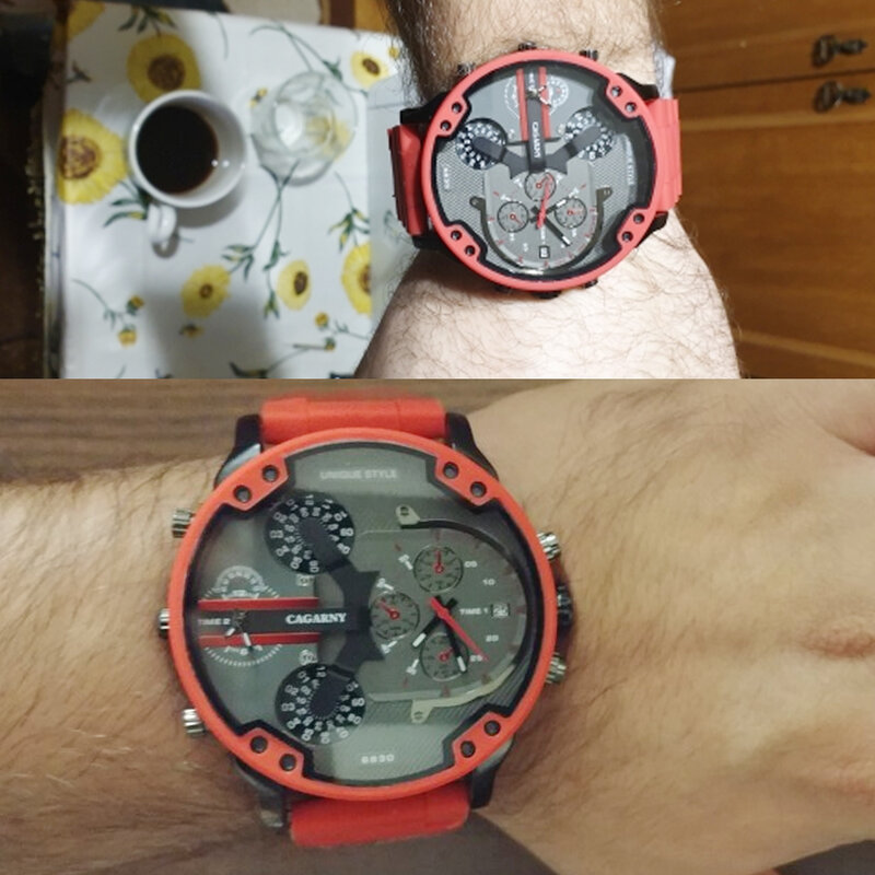 Cagarny-reloj analógico con pantalla Dual para hombre, accesorio de pulsera de cuarzo resistente al agua con calendario, complemento Masculino de marca de lujo con esfera grande en 3D, disponible en color rojo, modelo XFCS