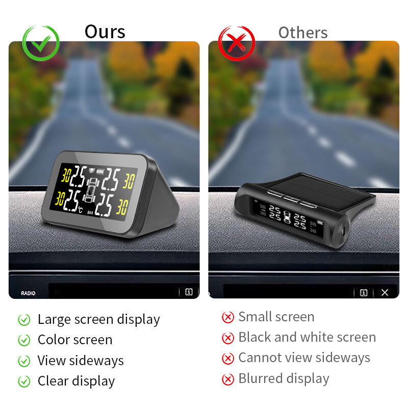 2021 Layar Besar Baru Nirkabel TPMS Tenaga Surya Cerdas Disesuaikan Layar LCD 4 Ban Mobil Pintar Monitor Tekanan Ban Sistem