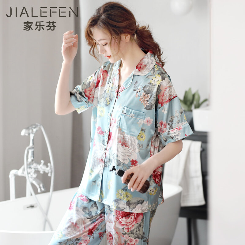 Pijamas de las mujeres de verano de seda de hielo pantalones de manga corta pijamas de verano delgada Artificial seda Floral medio-de la madre