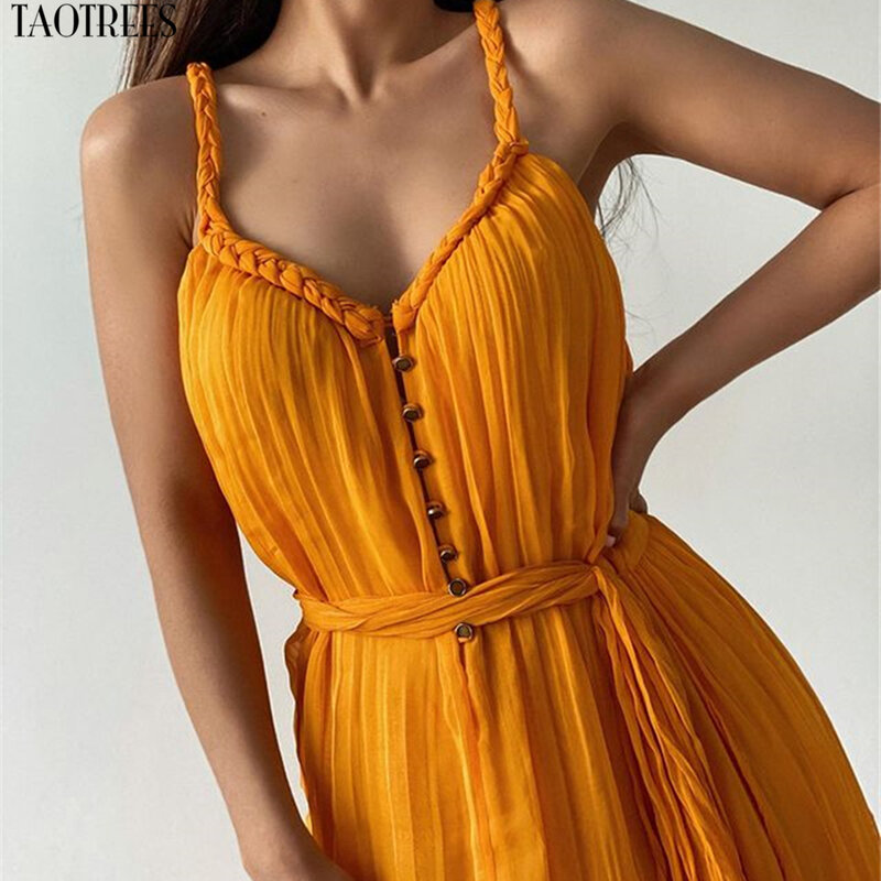 Taotrees-Vestido largo amarillo con cinturón para mujer, vestido bohemio sexi para fiesta y Club