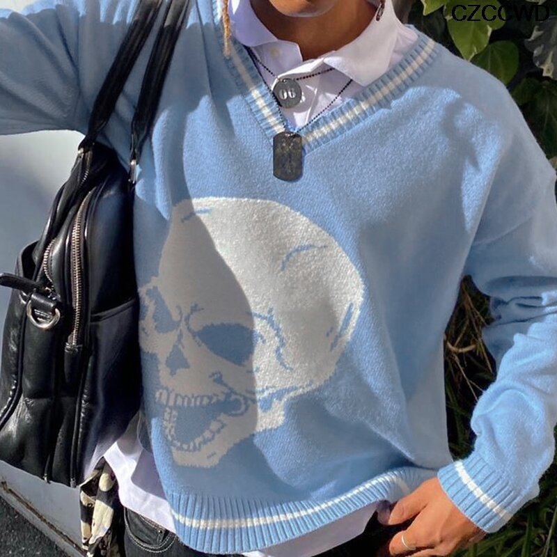 Y2k suéteres crânios pullovers v pescoço malhas solto casual malha topos feminino streetwear retro tops azul 2021 moda outono