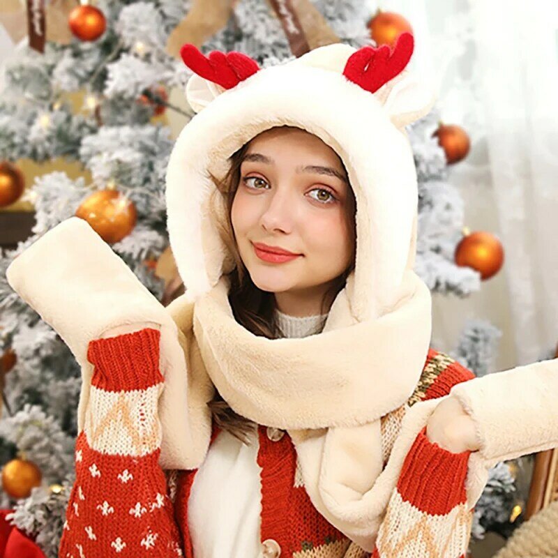 3in1 Winter Warm Antlers Hat Scarf Gloves Cute Plush Windproof All-Matching Warmer Christmas Gift For Girl
